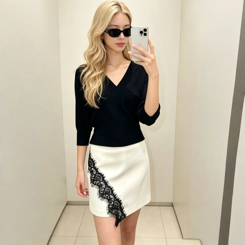 Fashion Temperament versatile Lace Spliced Skirt Pants For Women Casual Contrast Color High Waist A-line Zipper Culottes