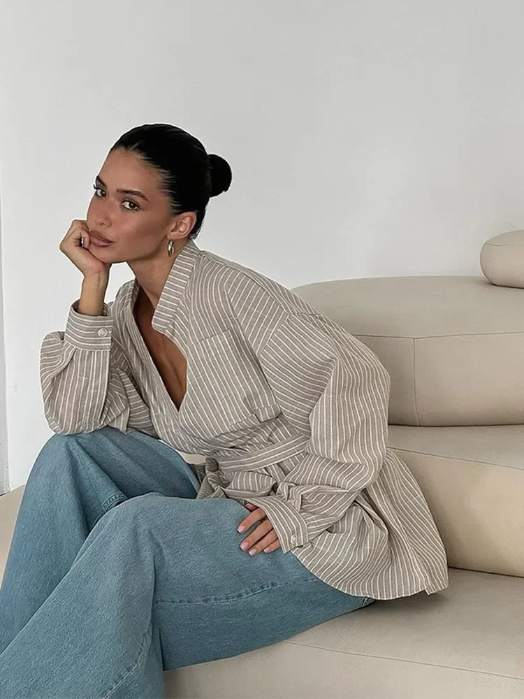 

2025 Elegant Striped High Waist Shirt Women Fashion Lapel Pleat Full Sleeve Lace Up Loose Top Autumn Lady Commute Street Outfit
