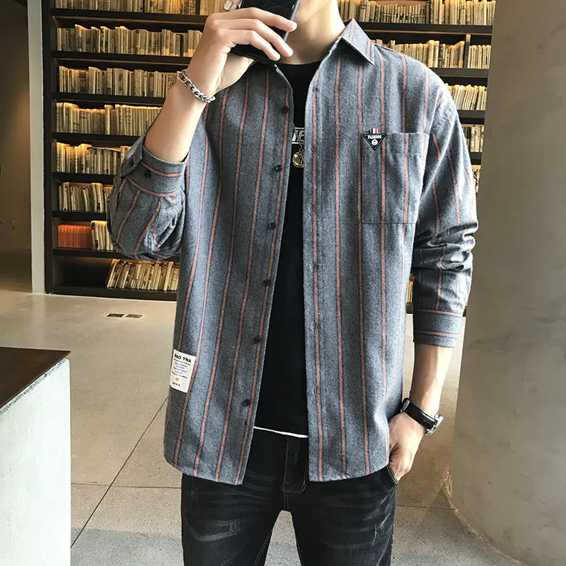 Men's Spring Autumn Turn-down Collar Button Pocket Letter Striped Blocked Long Sleeve Cardigan Shirt Coats Fashion Casual Tops