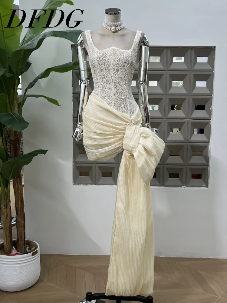 

DFDG Women’s Lace Corset Bustier Bodycon Mermaid Evening Dress With Ruffle Sash Spring And Summer 2025 Formal Party Gown