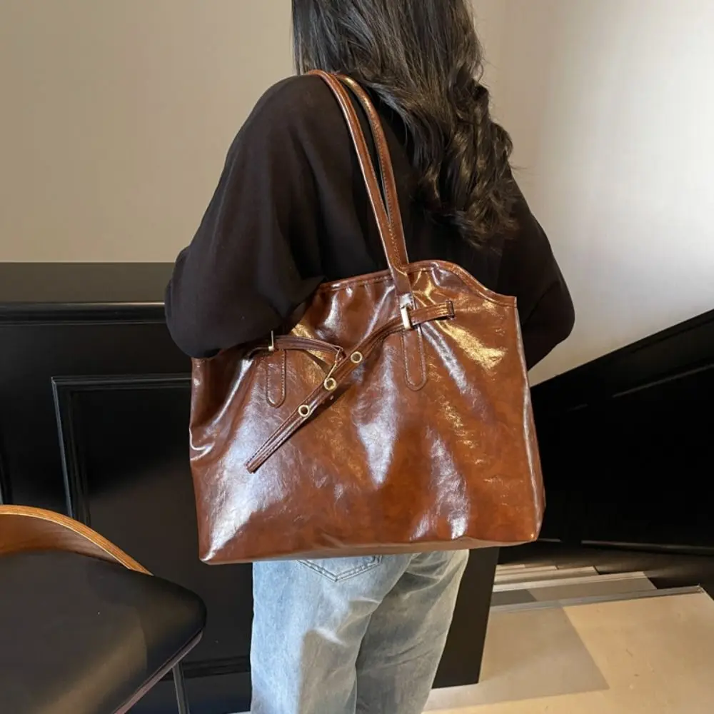 

Fashionable Korean Style Retro Shoulder Bag PU Leather Brown Ladies Briefcase Minimalist Large Capacity Tote Bag Office Worker