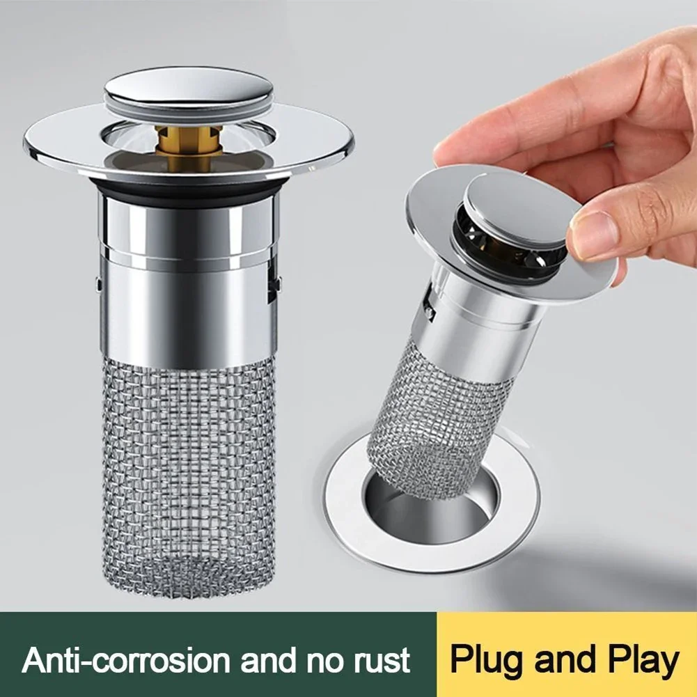 2 In 1 Easy Kitchen Sink Drain Strainer Sink Stopper Filter Bathroom Fine Copper Bouncing Core Washbasin Leakage Plug Stainless