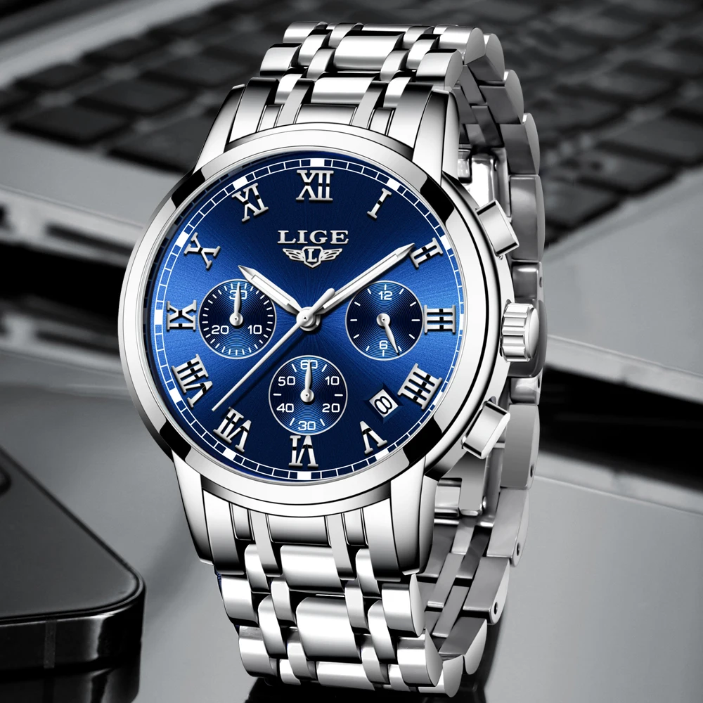 LIGE Top Brand Luxury Quartz Watches for Men Fashion Stainless Steel Band Casual Sports Waterproof Auto Date Luminous Man Watch