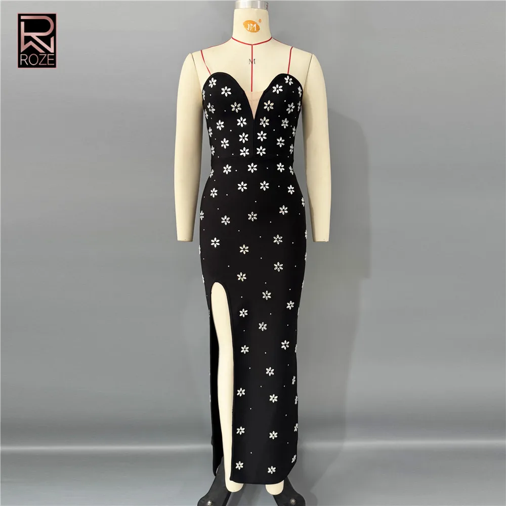 Robe longue noire à bretelles spaghetti Robe à bandes bustier crystallisée - Robe de soirée moulante sexy à fente haute
