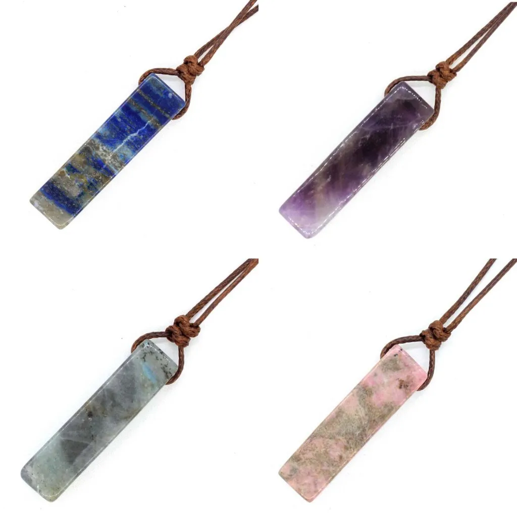 

Crystal Cuboid Stone Pendant Natural Amethyst Lapis Lazuli Rose Quartz Stone Pendant Adjustable Rope Women Necklace Jewelry