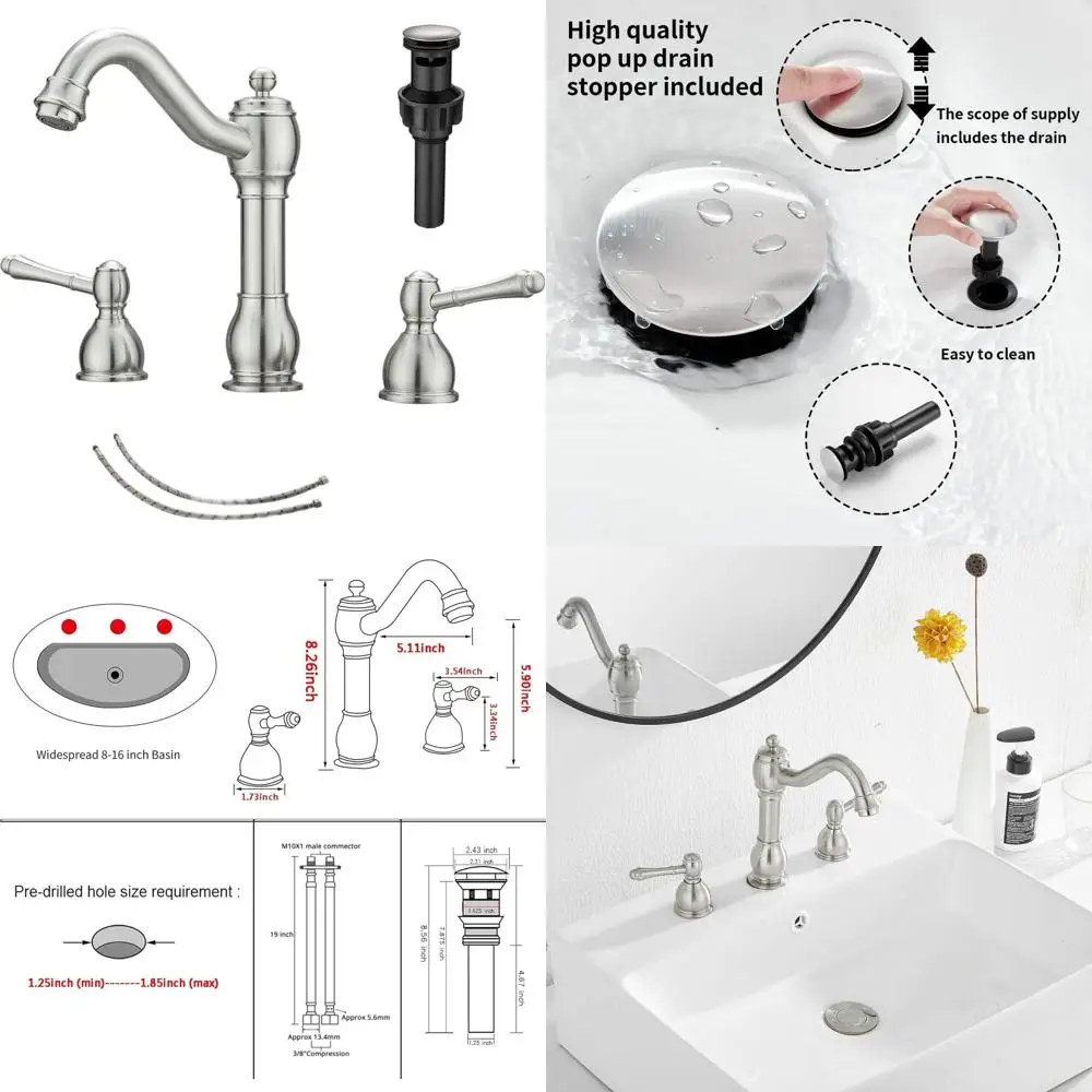 

Brushed Nickel Widespread 2-Handle 3-Hole Bathroom Sink Faucet with Pop-Up Drain and Supply Hose Included
