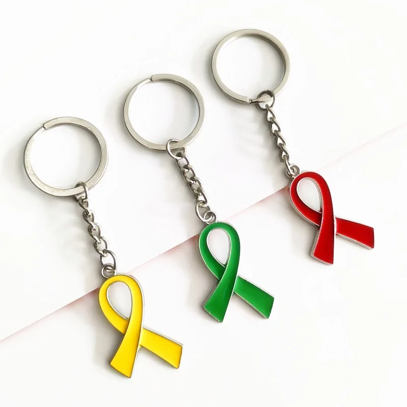 New Arrival Breast Cancer Awareness Enamel Heart Love Yellow/Red/Blue/Green/Purple/Black Ribbon Key Chain Breast Cancer Gifts