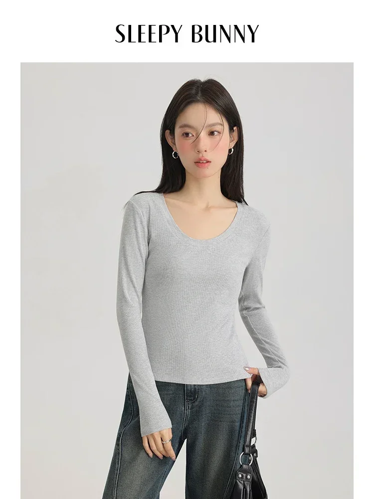 

Soft Cashmere-Like U-Neck Long Sleeve T-Shirt Women Spring Slim Fit Solid Color Stretchy Base Top Elegant Casual Undershirt