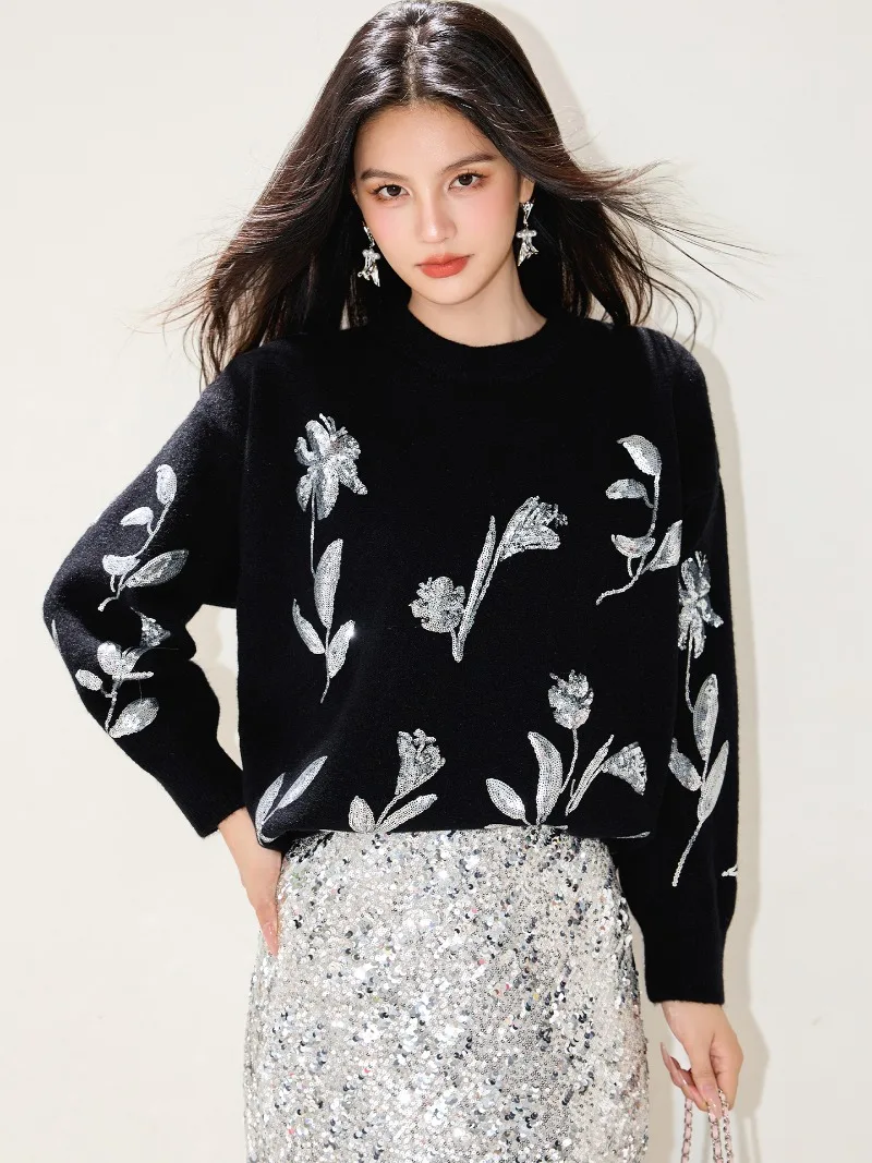 

Stylish Sequined Embroidery Sweater Women Autumn Winter Long Sleeve Lazy Style Versatile Pullover Knitted Tops Jumper Pull Femme