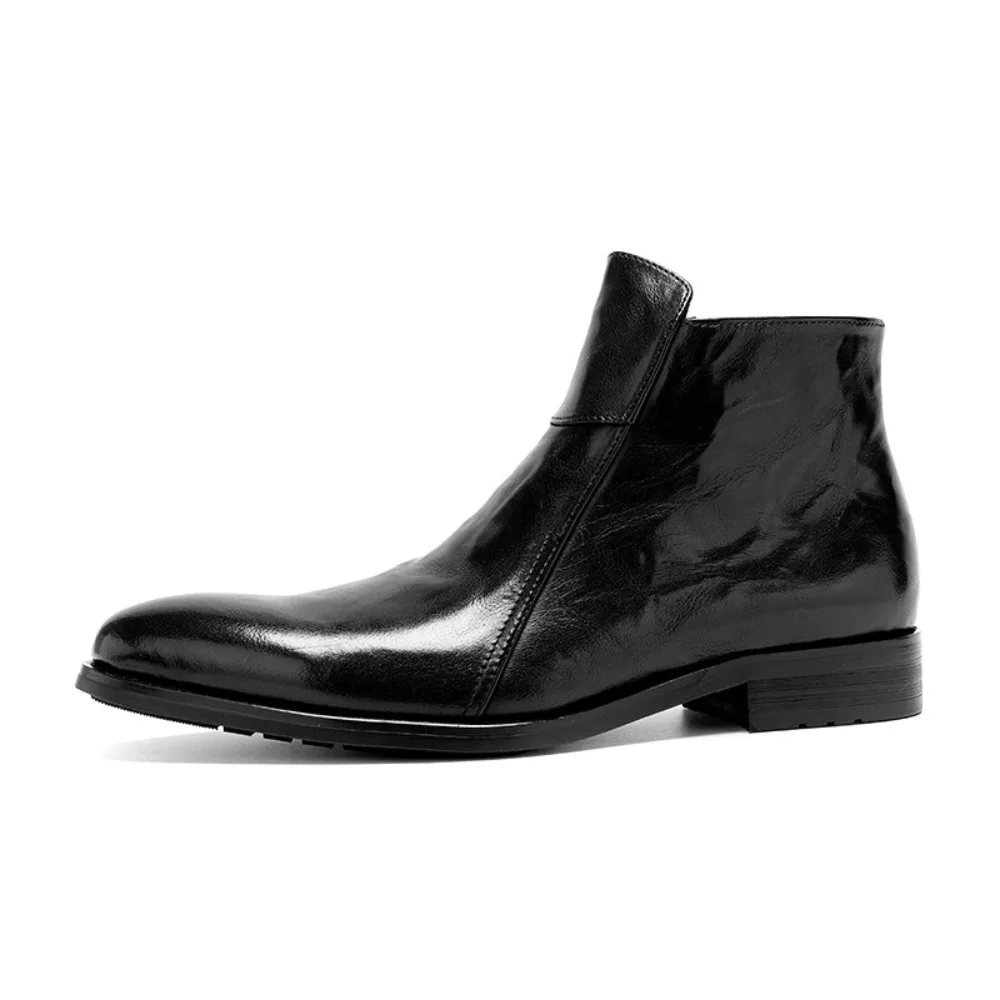 Genuine Pointed Toe Boots for Men Hand Grained Calfskin Leather Zipper British Style Soft Leather Mens Fashion Boots