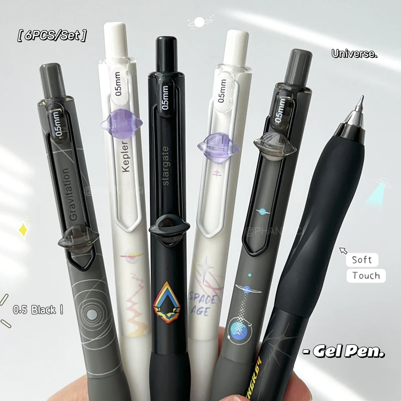 

6PCS/Set Universe Style Gel Pen For Students Creative Pen Clip Writing Pen Soft Touch 0.5mm Quick Dry Black Pen Office Supplies