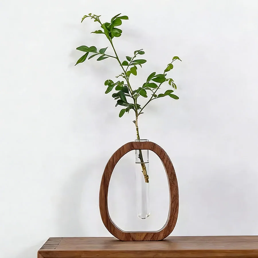 Solid Wood Transparent Glass Hydroponic Flower Vase Made of Walnut Wood for Household Use, Small Flower Bottle