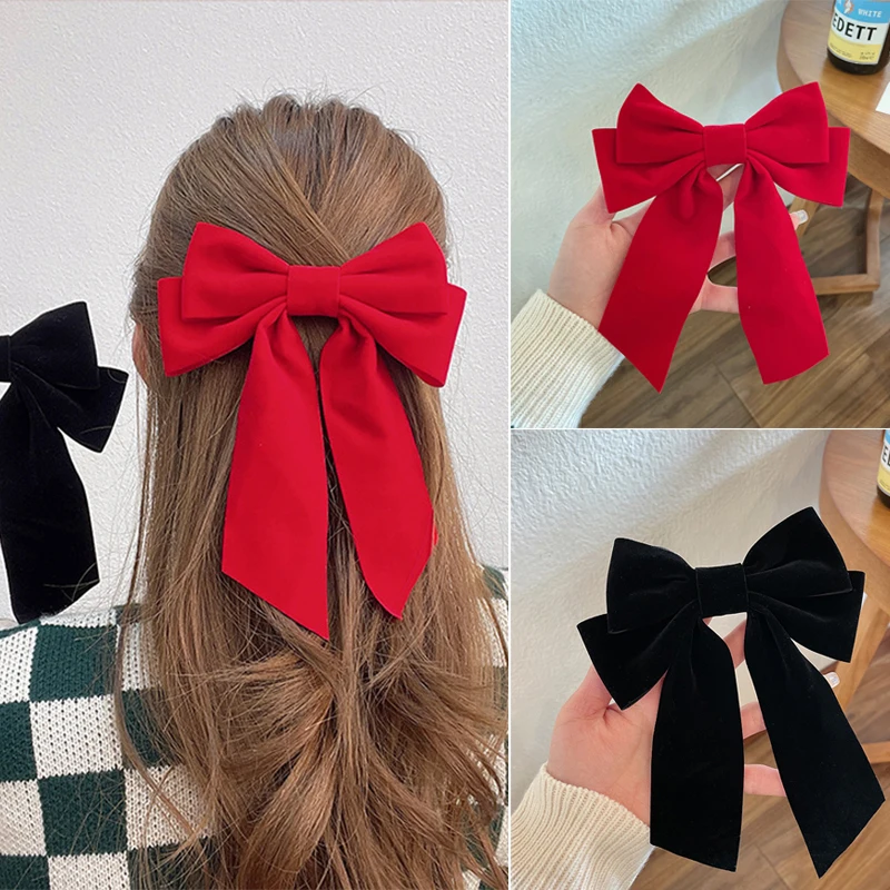 Fashion Red Black Bow Hair Clip for Women Korean Design Long Tassel Ribbon Bow Spring Clip Hairpins Girls New Year Headwear