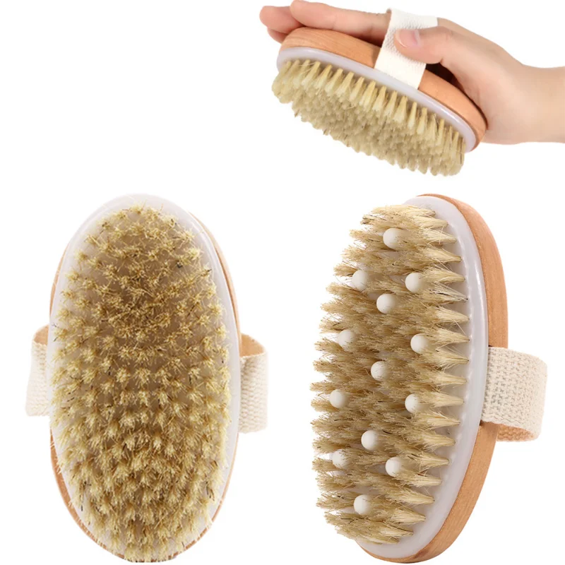 Wet Dry Skin Body Brush Natural Pig Bristles Dry Skin Exfoliating Body Massage Cleaning SPA Tool For Cellulite Lymphatic Drainag