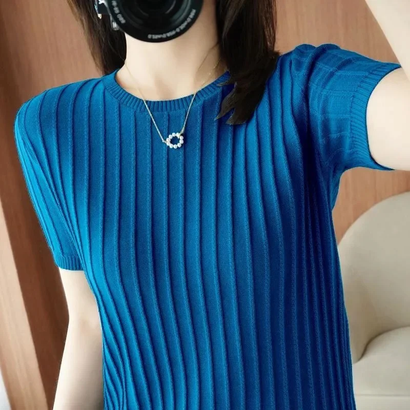 Spring Summer Short Sleeve Women Sweaters Korean Fashion Knitwears Slim Fit Bottoming Shirts Casual O-neck Pullovers Knit Tops