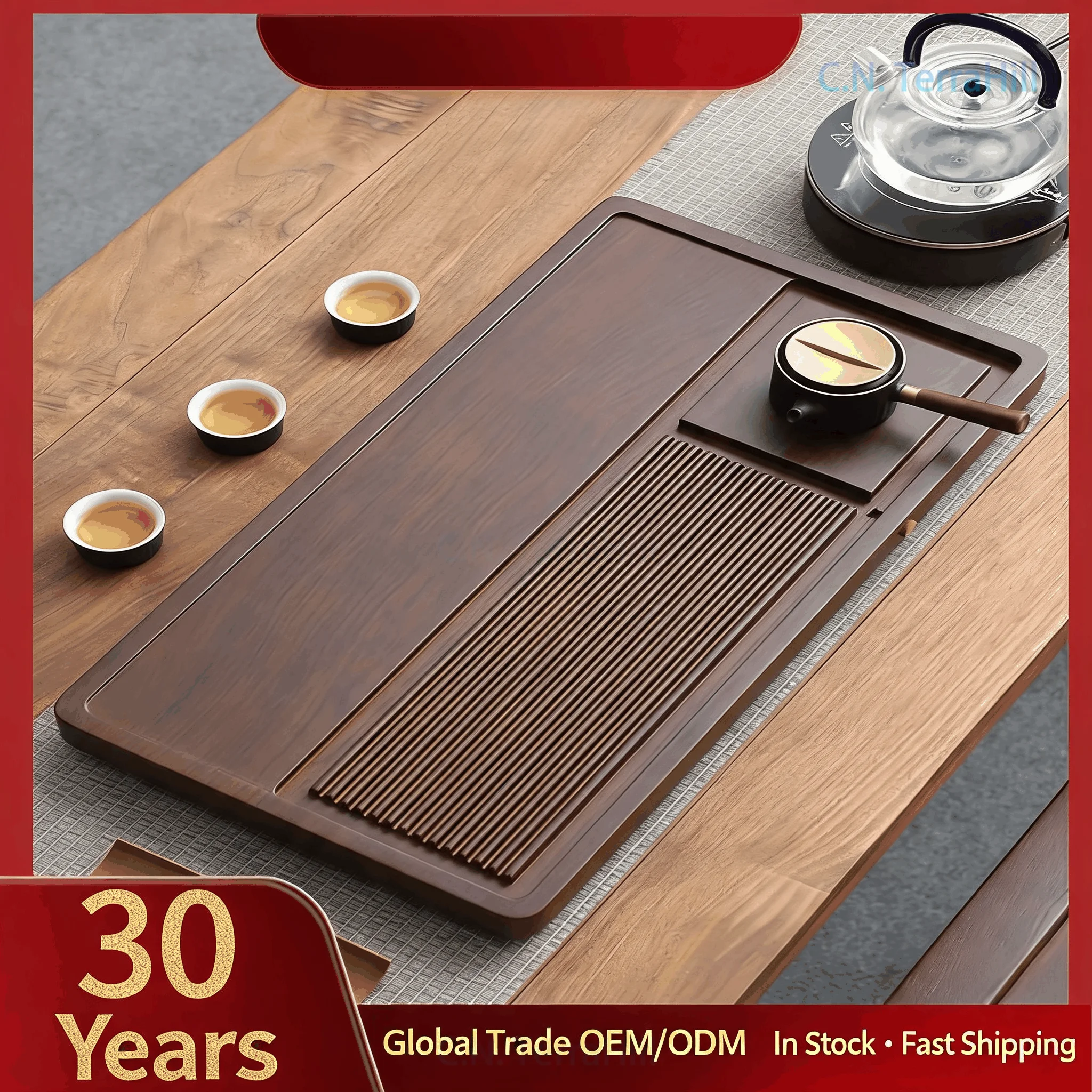 Solid Wood Tea Tray Rectangle Household Kung Fu Tea Set with Drainage for Living Room