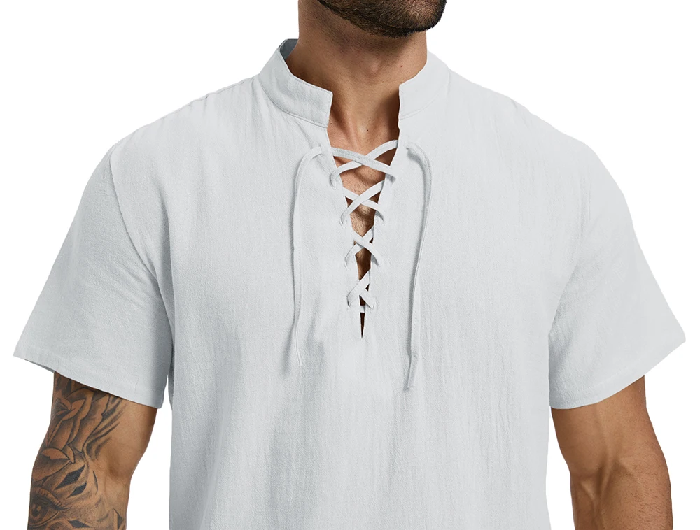 Herren-T-Shirt aus Baumwolle und Leinen, Sommer, atmungsaktiv, leicht, Henley-Ausschnitt, zum Schnüren, modisch, kurzärmelig, für Herren, lässige T-Shirts – Detail 5
