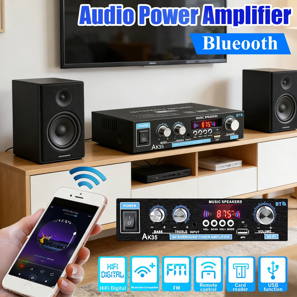 

AK35 Bluetooth-совместимый Hi-Fi стереофонический аудиоусилитель с USB, TF, RCA, AUX + пульт дистанционного управления, двухканальный усилитель мощности звука