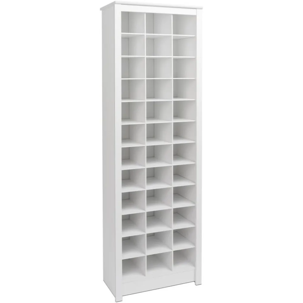 

elevated storage cabinet for shoes, entryway organizer with 36 compartments, dimensions 13" depth x 23.5" width x 72.5" height