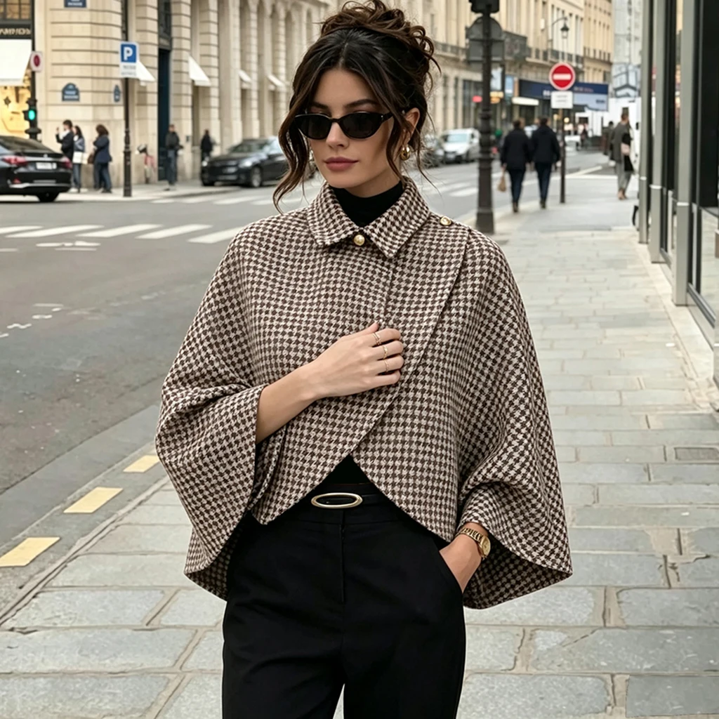 Autumn Winter Commuting Korean Houndstooth Lapel Woolen Coat Wool Cloak Loose Plaid Shawl