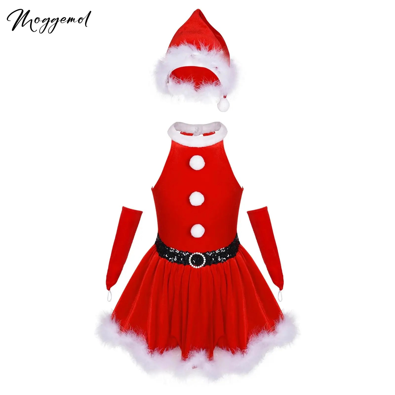 Kids Girls Christmas Santa Claus Costume Ballet Skating Dance A-line Dress with Hat Gloves Suit Xmas New Year Party Fancy Dress