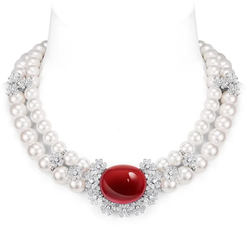 Bellux High Quality Real Silver 925 Synthetic Zircon Double Layer White Pearls Pigeon Blood Red Ruby Banquet Fine Necklace