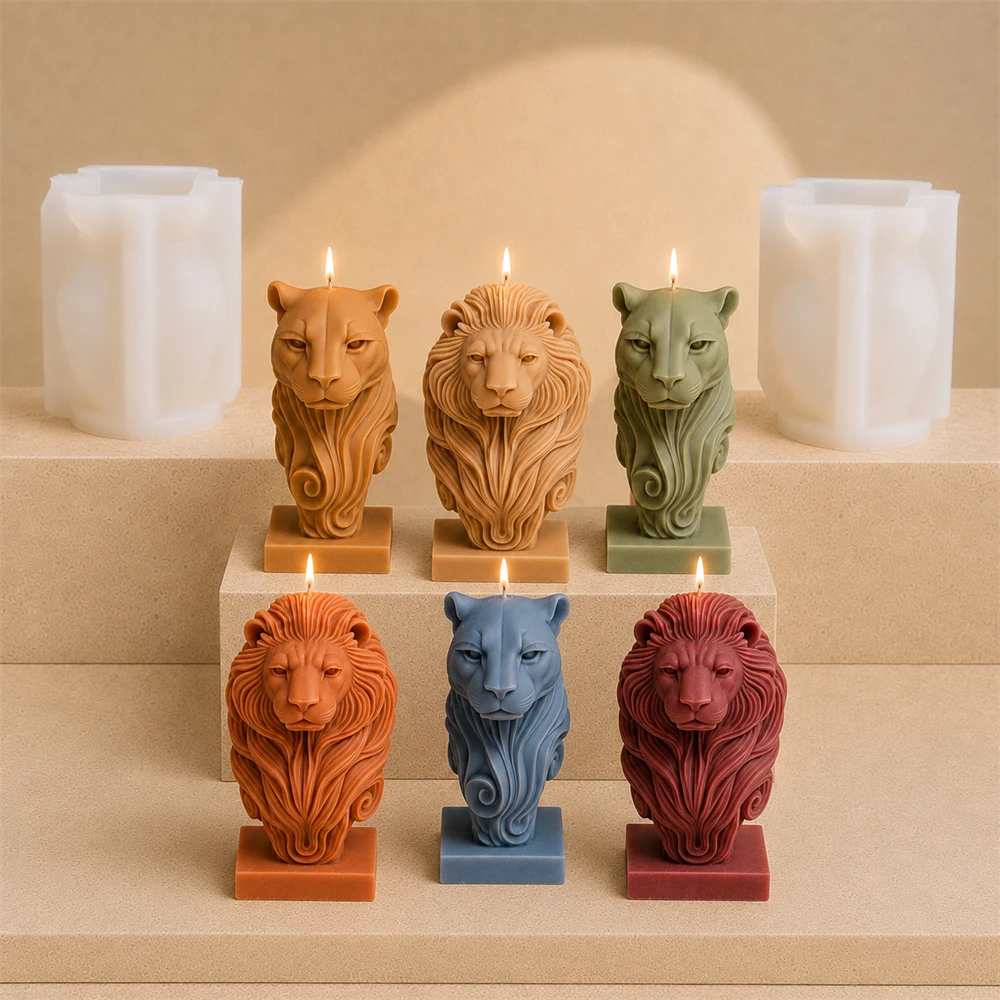 3D Lion Leopard Candle Mold Set Animal Lion Head Sculpture Silicone Molds for DIY Scented Candles Soap Resin Plaster Crafts view 2