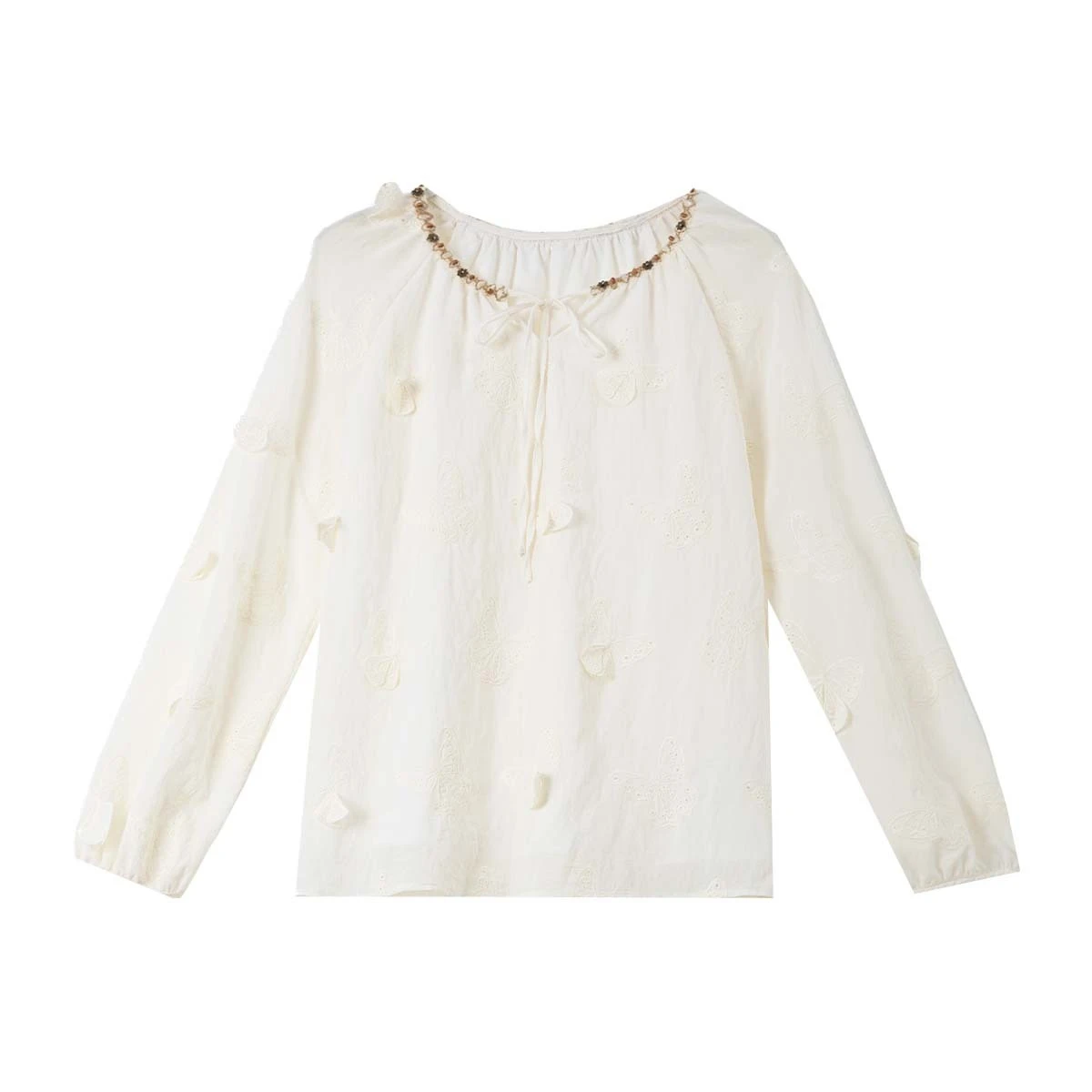 VIMLY Elegant Women Apricot Blouses Casual Butterfly Embroidered Hollow Out Shirts Autumn 2025 Round Neck Long Sleeve Tops A3001