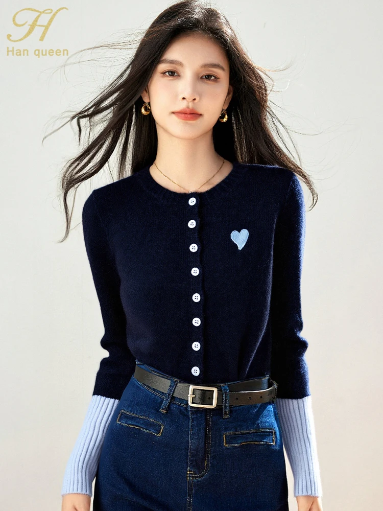 

H Han Queen, новый корейский шикарный контрастный вязаный женский свитер, повседневные базовые винтажные топы с длинными рукавами, кардиганы, осенняя женская одежда