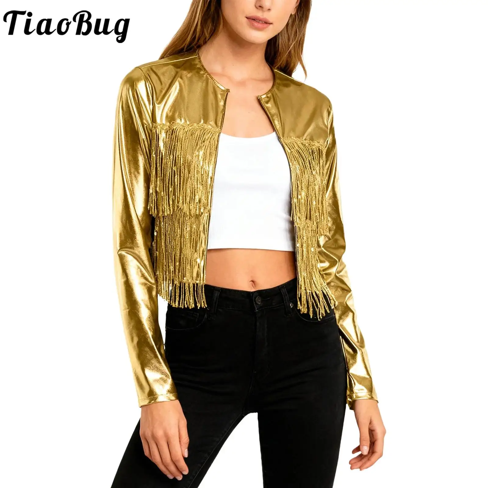 

Women Metallic Shiny Fringe Jacket Jazz Dance Costume for Cowgirl Party Rock Tiered Sequin Tassel Long Sleeve Coat Disco Clothes