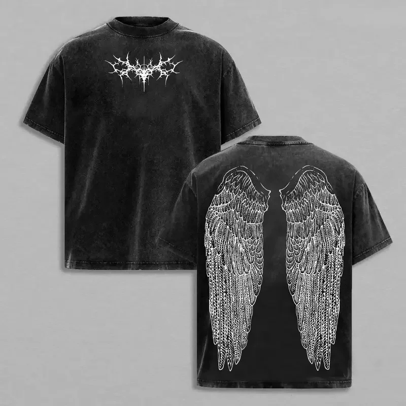 Men's 100% Soft Cotton Washed Vintage Graphic Tshirt - Gothic Wing Urban Garment, Oversized Grunge Streetwear, Anime-Inspired Dark Aesthetic Casual Round Neck Menswear Top