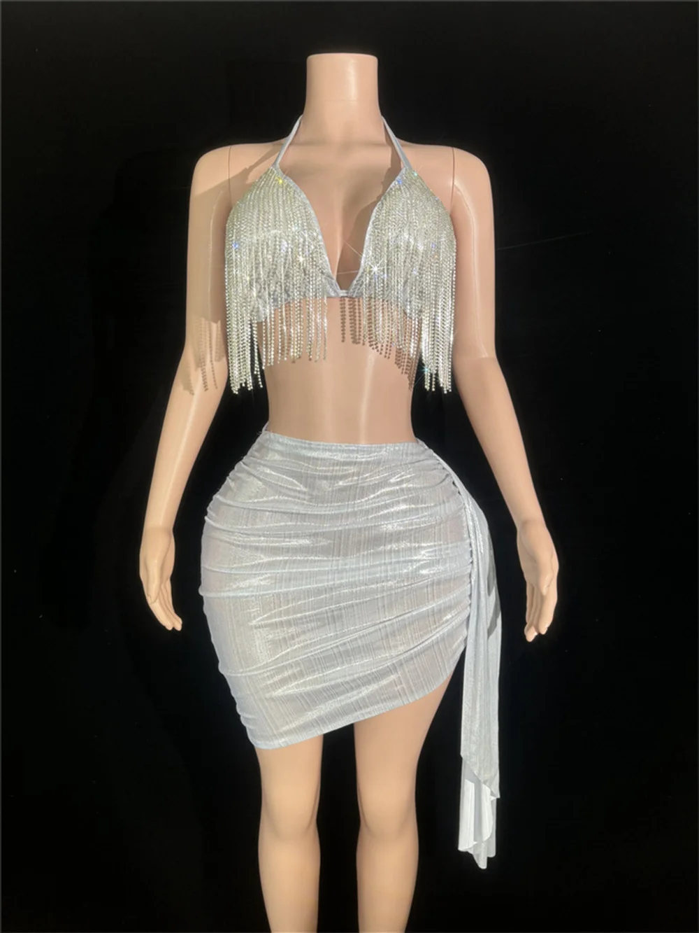 Sexy Sparkly Diamond chain Two Pieces Mini Skirt Set Nightclub Outfit DJ Singer Stage Wear Celebrate Birthday Party Dresses