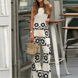 Fashion Hollow Sleeveless Crochet Women's Suits Sexy Women's High Waist Pants Outfits 2024 Summer Printed Knitted Cover Up Set