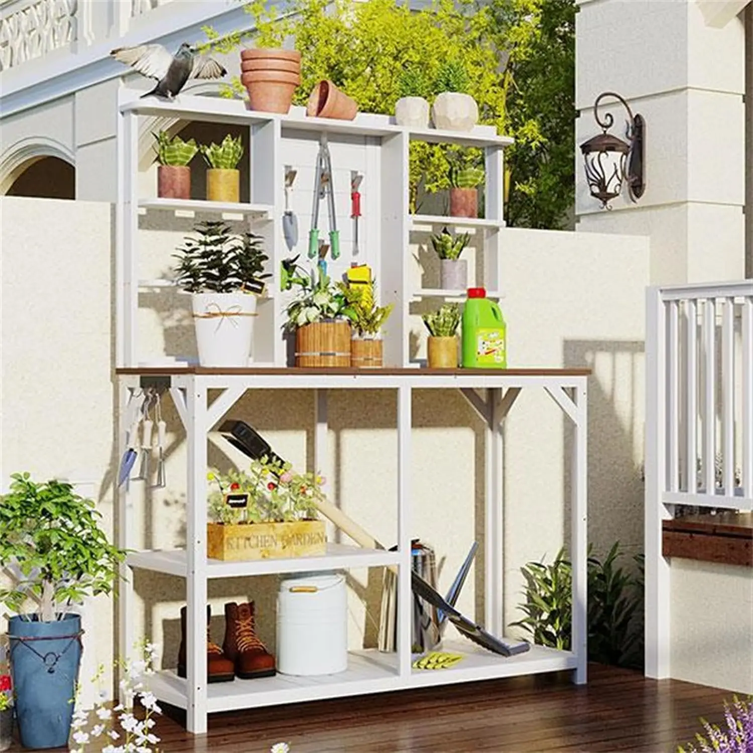 Large Outdoor Potting Bench, Garden Potting Table, Wooden Workbench With 6 Shelves, Large Tabletop And Side Hooks For Foyer,