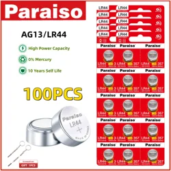 Paraiso LR44 Button Coin Cell Batteries AG13 10Years Self Life Battery for Watches Blood Glucose Meter Toys Music Books