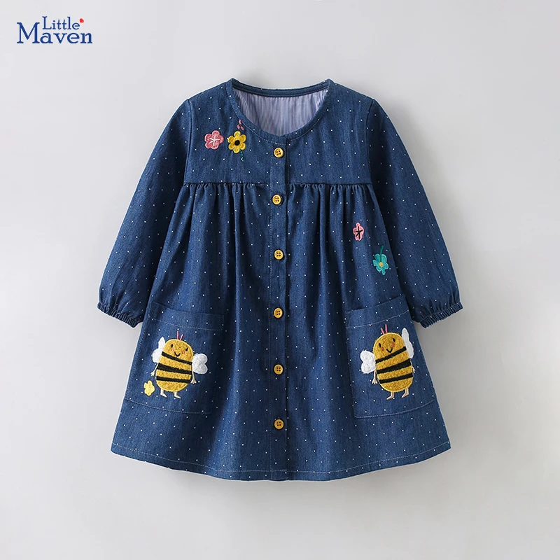 Little maven Children\'s Clothing 2024 Autumn Spring Baby Girls Kids Clothes Long Sleeves Cartoon Bees Dress with Pockets Cotton