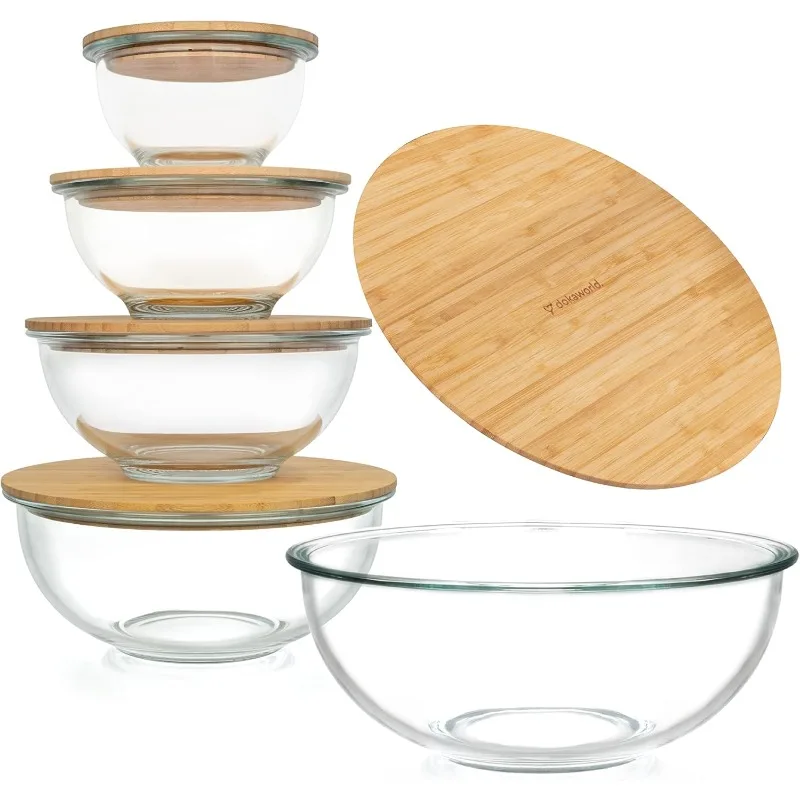 Glass Mixing Bowls - Nesting Bowls - Cute Collapsible Glass Bowls with Lids Food Storage - 5 Stackable Microwave Safe Glass