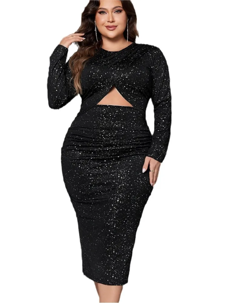 Plus Size Herfst Midi Jurk Vrouwen Slanke Bodycon Split Mode Bling Hollow Out Patchwork Dames Jurken Lange Mouw Vrouw Jurk