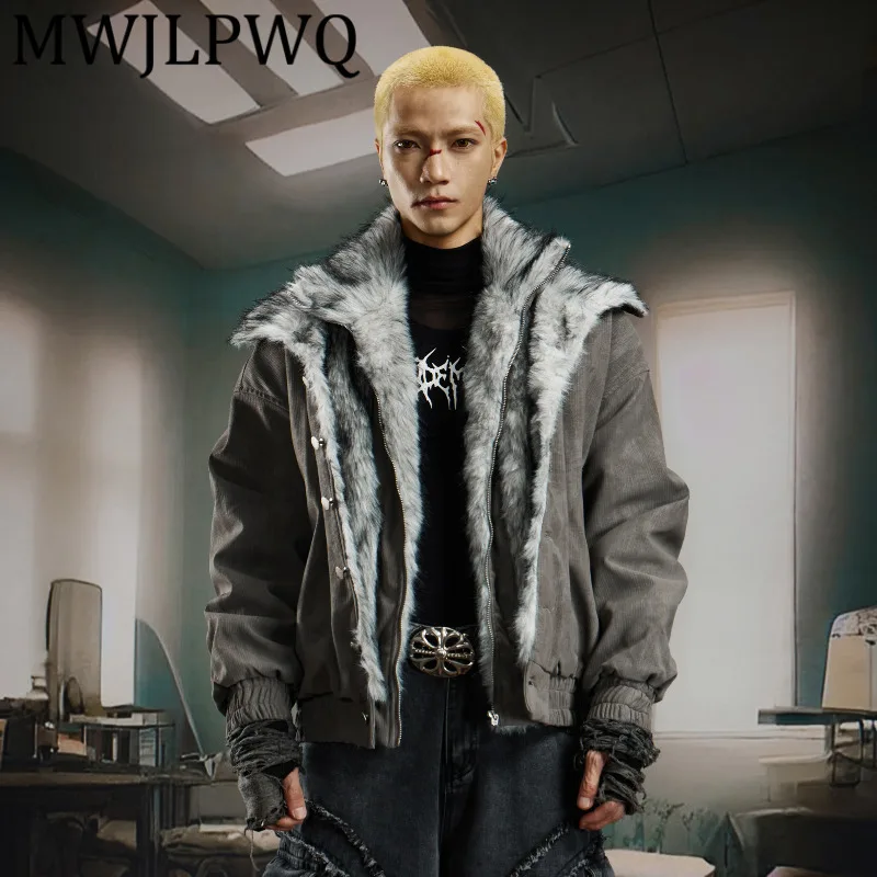 

MWJLPWQ Сверхмощная двухслойная куртка с меховым воротником из двух частей, короткая кожаная куртка на хлопковой подкладке, утепленные модные уличные топы 12585