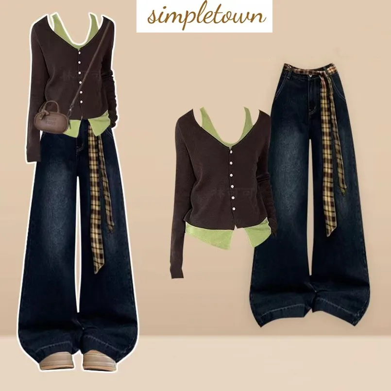 

Spring and Autumn New Korean Fashion Knitted Shirt Slim Fit Top+Loose Jeans Elegant Women's Two Piece Set