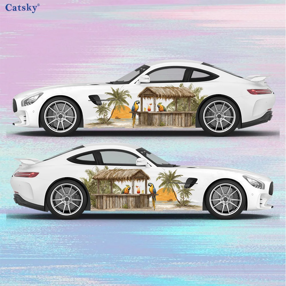

Coconut Tree Sunset House Parrot Car Vinyl Wraps Decal Self-adhesive PVC Sticker Suitable for Trucks SUV Decor Auto Accessories