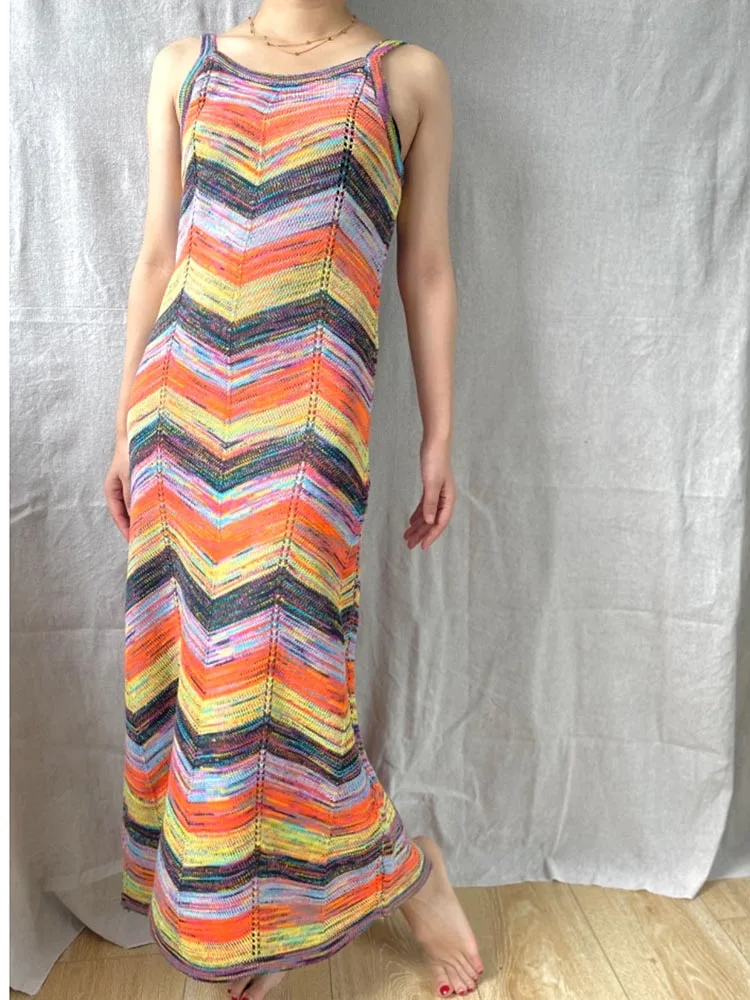 Colorful Wave Striped MIdi Knit Dress Women 2024 Multicolor Long Dress Bohemian Women Clothes