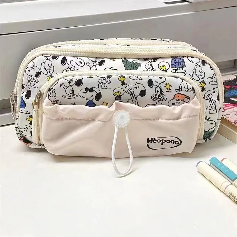 Snoopy Pencilcase Multi Layer Canvas Drawstring Pen Bag Kawaii Cartoon Stationery Storage Bag Students School Supplies Gifts