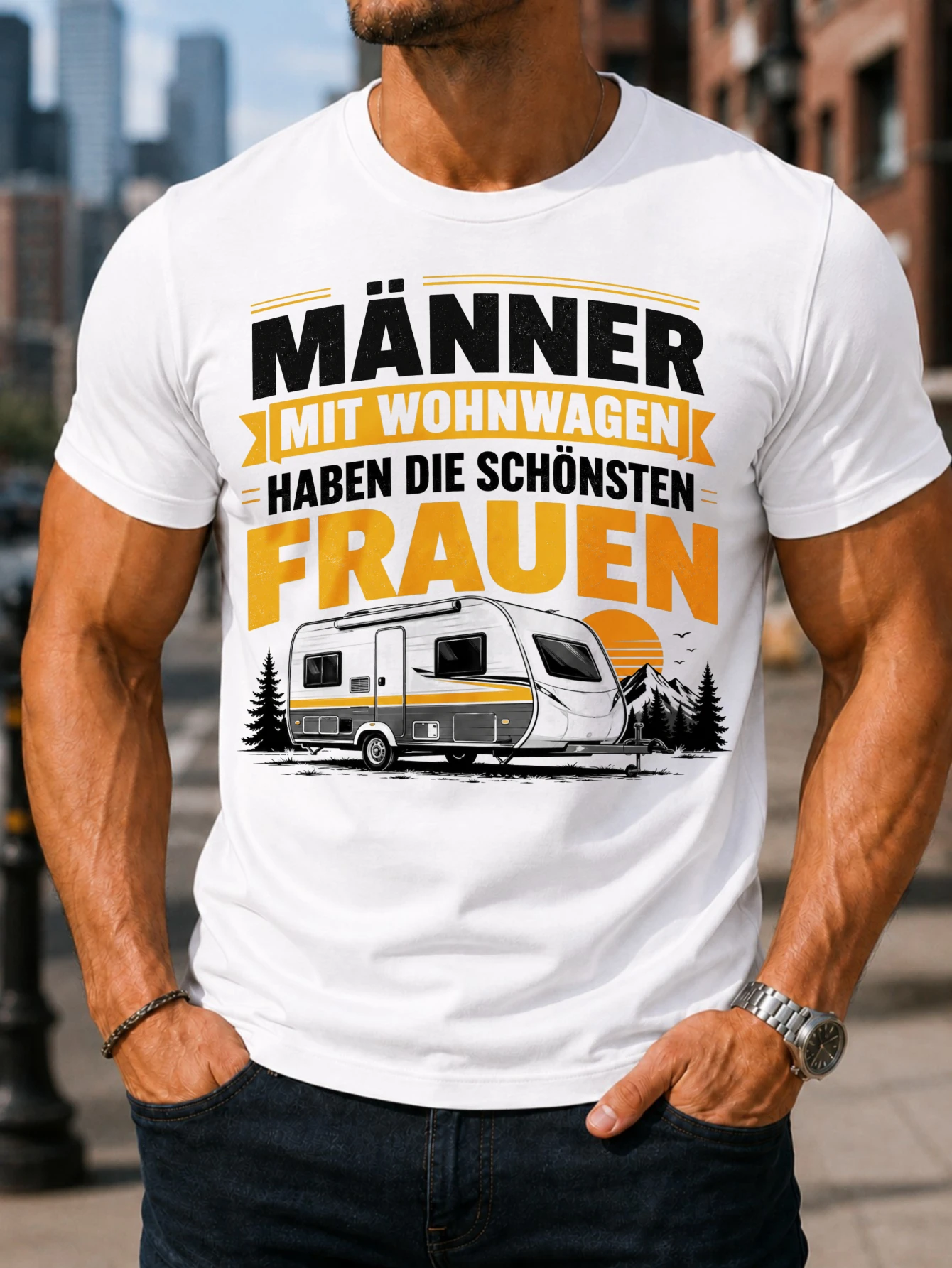German Caravan Bold Orange Frauen Lettering Camper Sunset And Mountain Scene Travel Couple Humor  Unisex All T-Shirt
