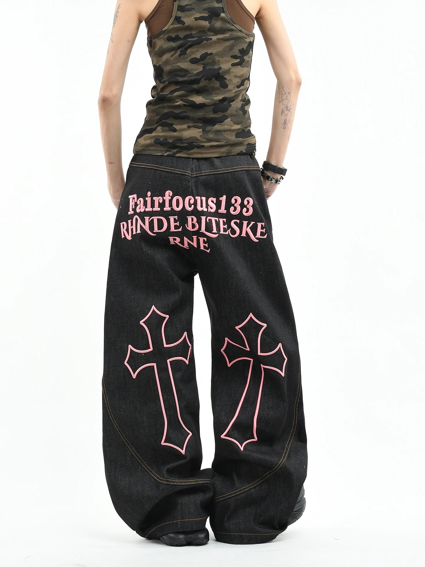 

OV Original High Street Style Embroidered Knife Denim Jeans Loose Wide Leg Women's Fashion American Folded Long Trousers