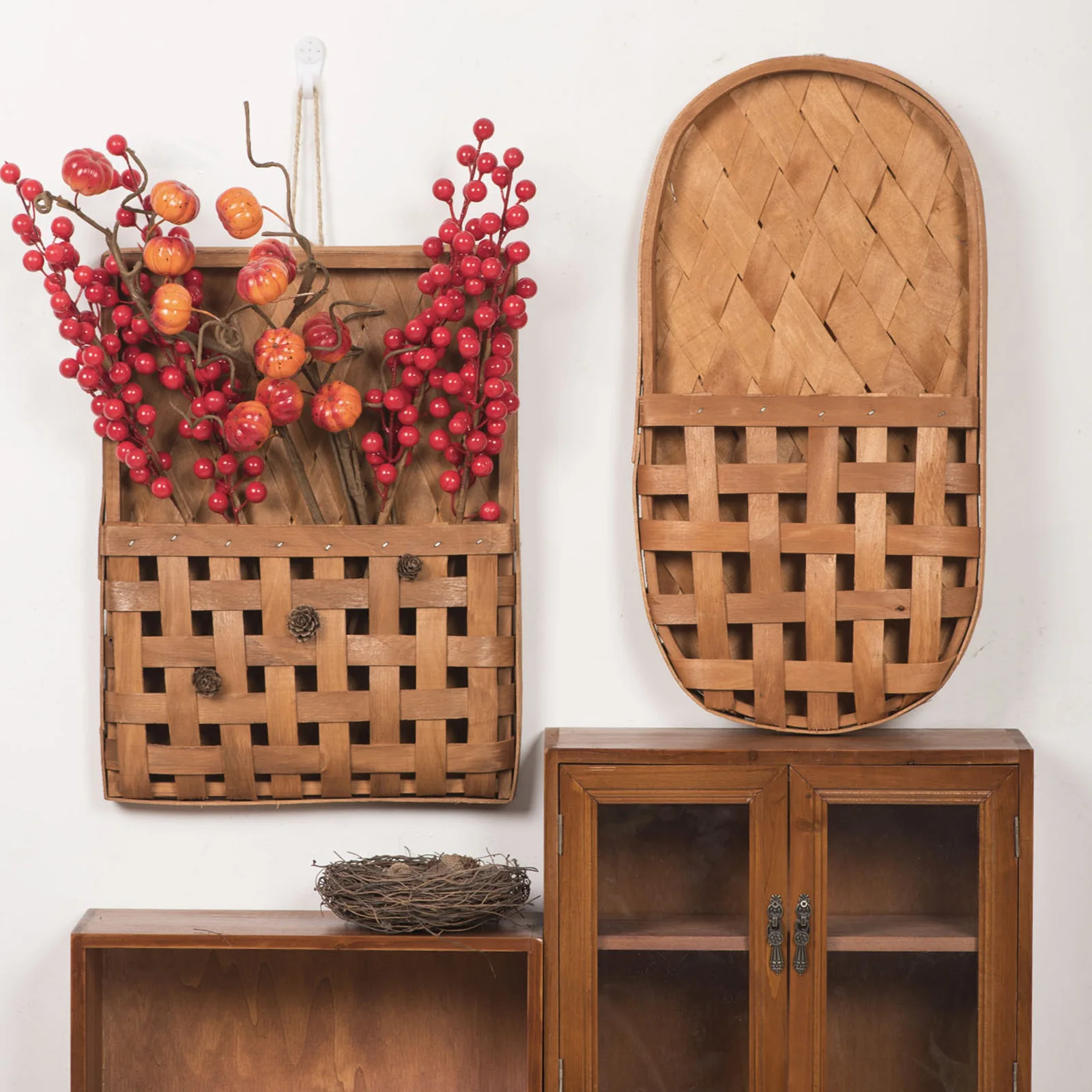 Handcrafted Woven Rattan Hanging Baskets Boho Wall Decor Decorative Storage Organizers Hanging Rope Wooden Storage Container