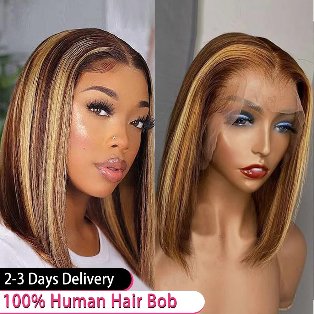 

P4/27 Highlight Bob Wigs 200% Density Honey Blonde Straight 13x6 HD Lace Frontal Short Bob Front Wig 100% Human Hair Pre Plucked