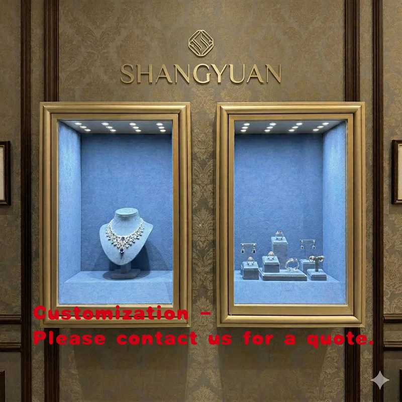 

custom.Custom Gold Metal Glass Lockable Blue Velvet LED High End Jewelry showcase Retail Boutique Window Shangyuan F
