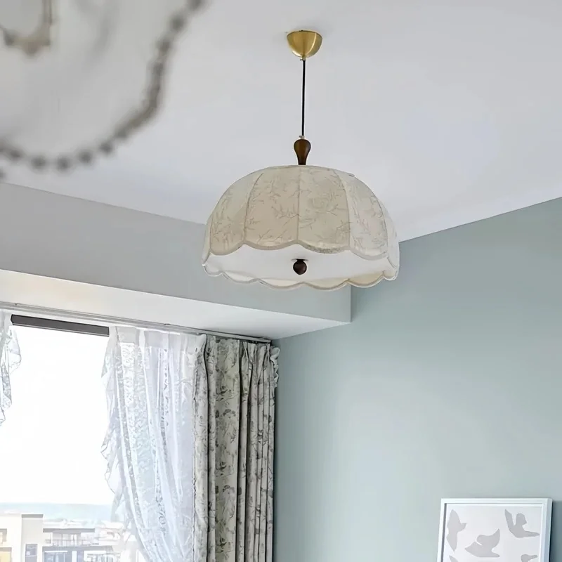 Vintage Fabric Pendant Light Cloth Lampshade Adjustable Wire Ceiling Hanging Lamp Cream Style Pendant
