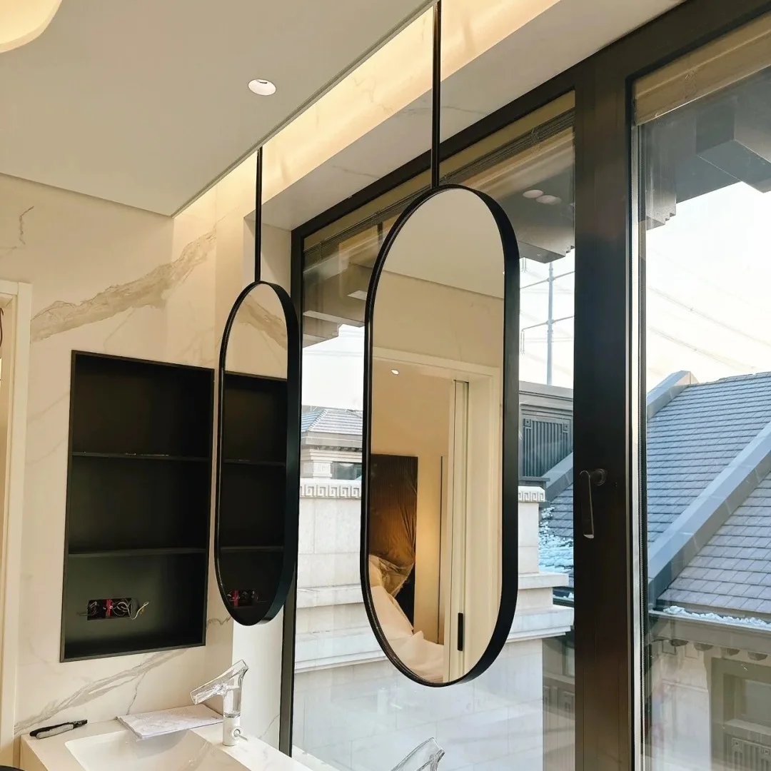 Double-Sided Stainless Steel Oval Bathroom Mirror Hanging Ceiling Suspended Mirror for Hotels and B&Bs with Hanging Rod